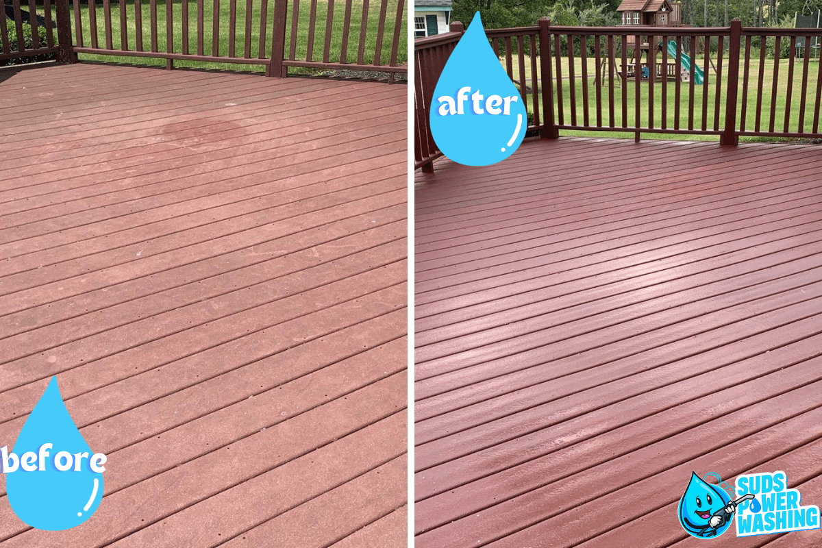 A deck split into two images showing a before-and-after comparison of a power washing service. The left side shows the deck before cleaning, with visible dirt and discoloration. The right side shows the deck after cleaning, looking clean and vibrant. The Suds Power Washing logo is in the lower right corner, along with a mention of their collaboration with Davis Painting for unbeatable results.