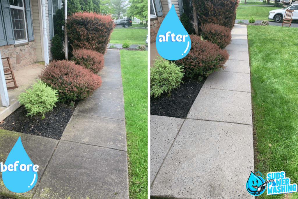 Side-by-side comparison of a sidewalk before and after pressure washing. The left image ("before") shows a dirty and stained sidewalk, while the right image ("after") reveals a clean, like-new appearance. Both images feature a "Suds Power Washing" logo, highlighting their partnership with Davis Painting.