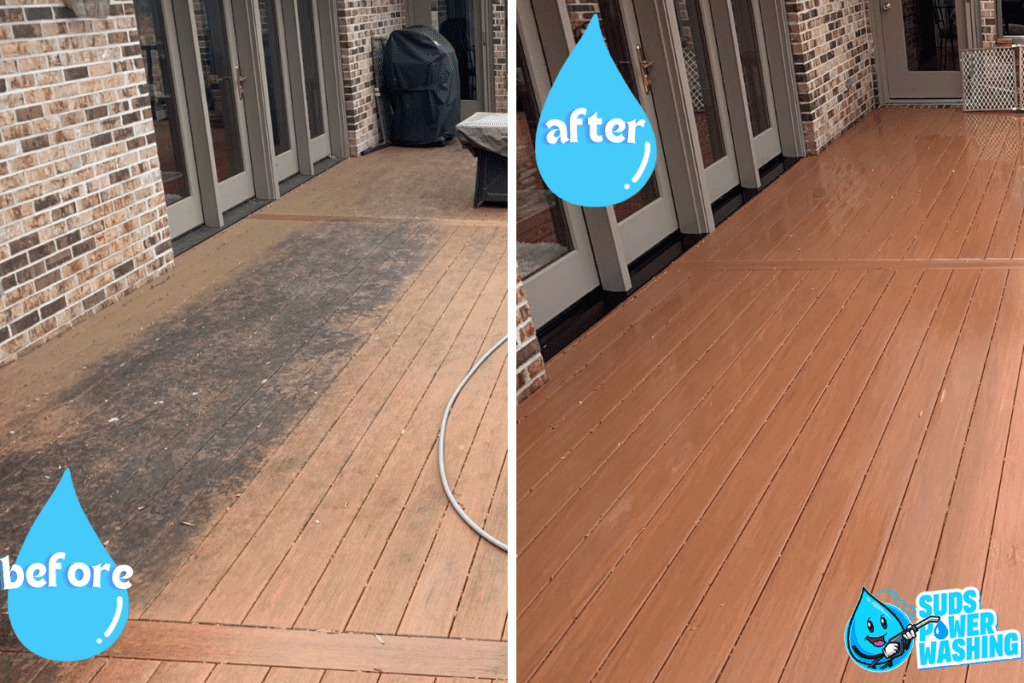 The image in the gallery showcases a side-by-side comparison of a wooden deck, illustrating the effects of power washing. The left panel, labeled "before," shows the deck covered in dirt and grime. The right panel, labeled "after," reveals a clean and revitalized deck.