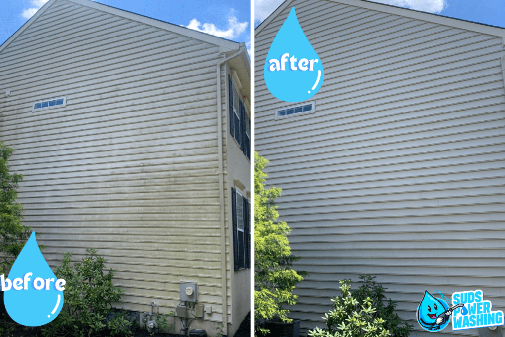 Side-by-side comparison of a house exterior before and after power washing. The left side shows a dirtily, stained wall, while the right side displays a clean, freshly washed wall. A blue water drop icon labeled "before" is on the left and "after" on the right. The Suds Power Washing and Davis Painting logos are in the bottom right corner.