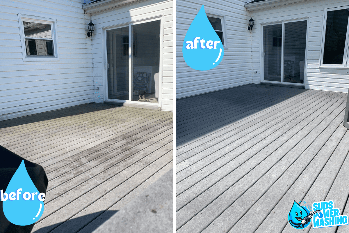 Side-by-side images of a home's exterior deck. The left image shows the deck "before" cleaning with visible dirt and grime. The right image, labeled "after," displays the deck clean and spotless. Blue water droplets label each photo, with the logo "Suds Power Washing" in partnership with Davis Painting.