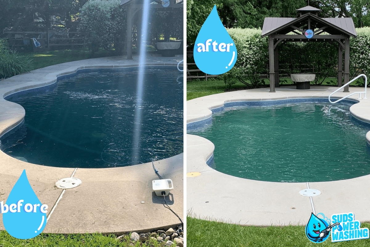 A before and after comparison of a backyard pool. The left image, cluttered with grime, contrasts sharply with the right image where Davis Painting has transformed the area into a clean and vibrant haven. A gazebo in the background of both images highlights the stunning improvement. The text says "before" and "after.