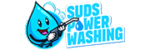 A blue water droplet character, holding a pressure washing gun with both hands, smiling. The text "Suds Power Washing" is next to the character in bold, blue letters with white outlines. The background features a few blue bubbles.