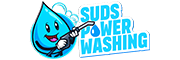 A blue water droplet character, holding a pressure washing gun with both hands, smiling. The text "Suds Power Washing" is next to the character in bold, blue letters with white outlines. The background features a few blue bubbles.