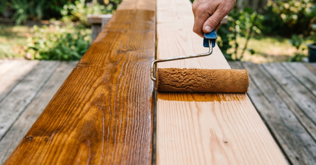 A hand uses a paint roller to apply wood stain to a deck board outdoors, showing a clear contrast between the stained and unfinished wood.